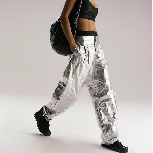 NWOT Free People Mesmerize Me Shine Pants Silver Shiny Low Rise Cargo Metallic - Picture 3 of 16